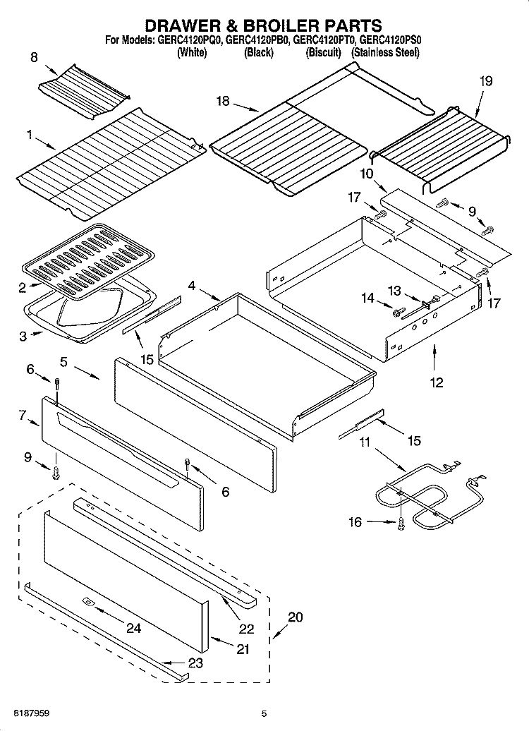 DRAWER & BROILER PARTS Diagram and Parts List for GERC4120PT0  Whirlpool Range