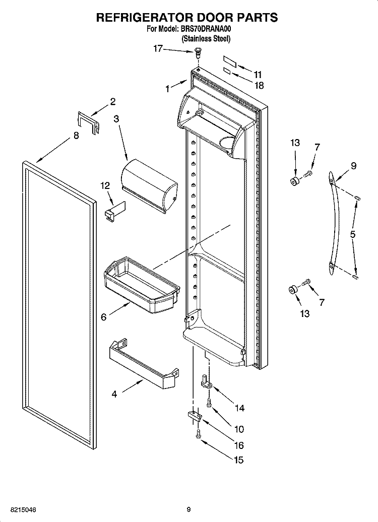 REFRIGERATOR DOOR PARTS Diagram and Parts List for BRS70DRANA00  Whirlpool Refrigerator