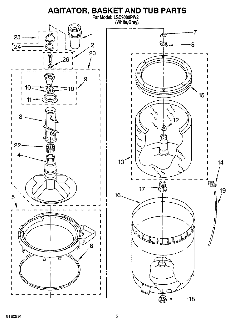 AGITATOR, BASKET AND TUB PARTS Diagram and Parts List for LSC9000PW2  Whirlpool Washer