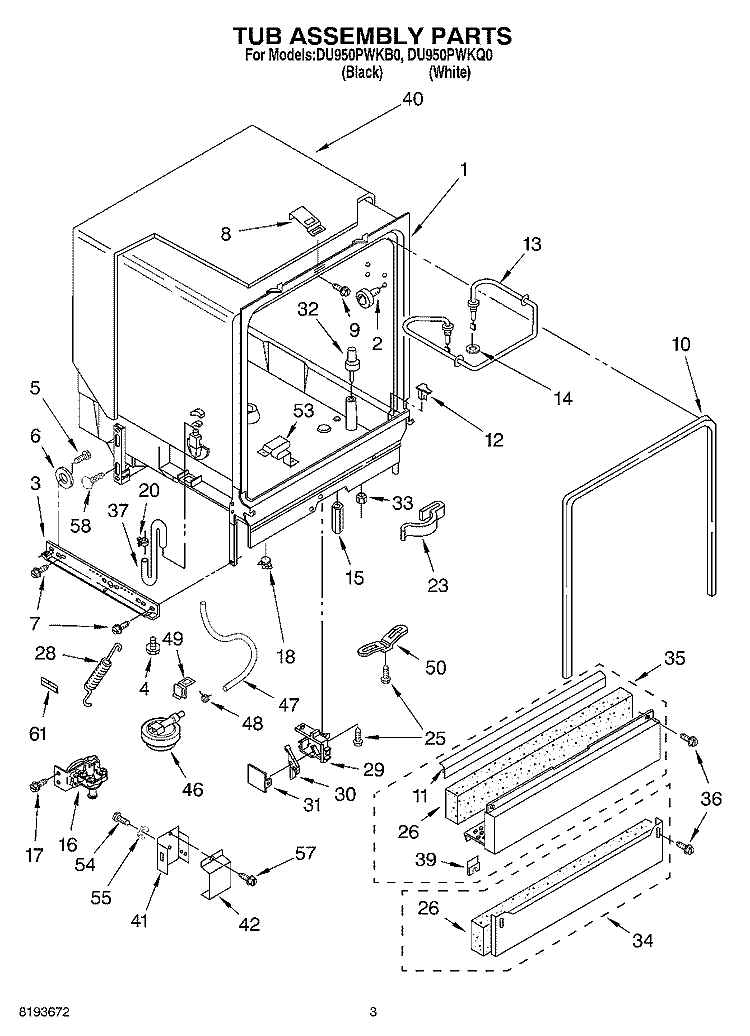 TUB ASSEMBLY Diagram and Parts List for DU950PWKB0  Whirlpool Dishwasher