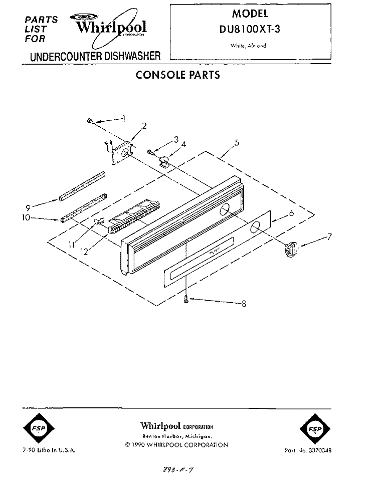 CONSOLE Diagram and Parts List for DU8100XT3  Whirlpool Dishwasher
