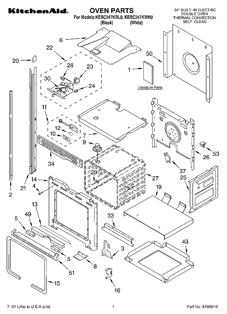 OVEN, LITERATURE Diagram and Parts List for KEBC247KWH0  KitchenAid Wall Oven