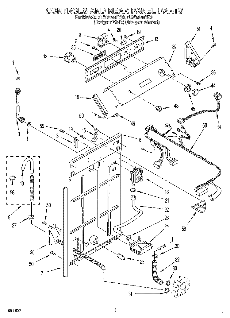 CONTROLS AND REAR PANEL Diagram and Parts List for 7LSC8244HQ0  Whirlpool Washer