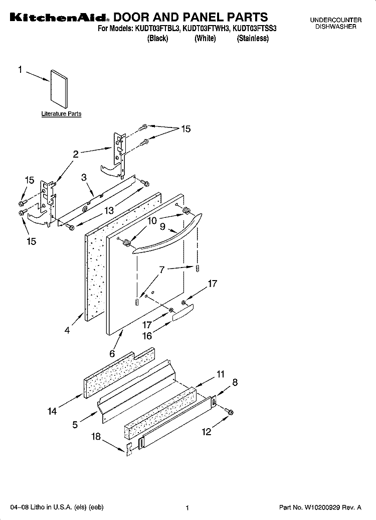 DOOR AND PANEL PARTS Diagram and Parts List for KUDT03FTSS3  KitchenAid Dishwasher