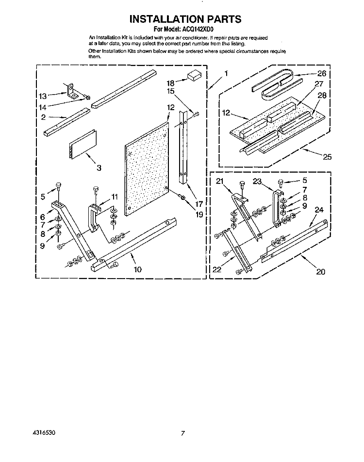 INSTALLATION Diagram and Parts List for ACQ142XD0  Whirlpool Air Conditioner