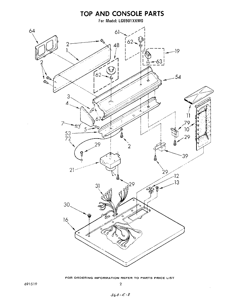 TOP AND CONSOLE , LITERATURE AND OPTIONAL Diagram and Parts List for LG6901XKW0  Whirlpool Dryer