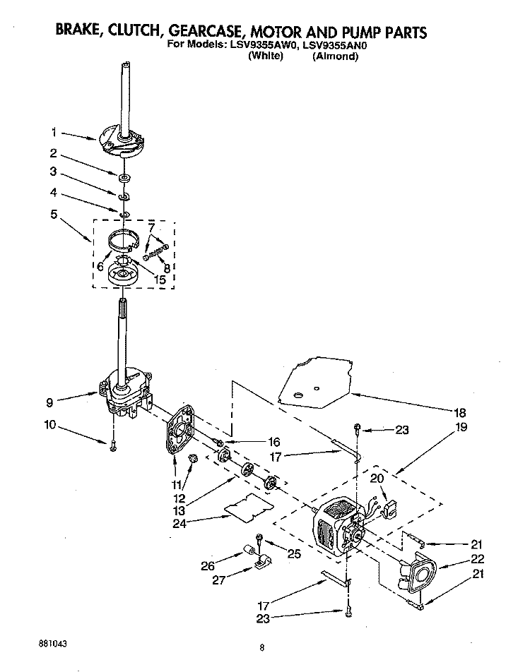 BRAKE, CLUTCH, GEARCASE, MOTOR AND PUMP Diagram and Parts List for LSV9355AN0  Whirlpool Washer