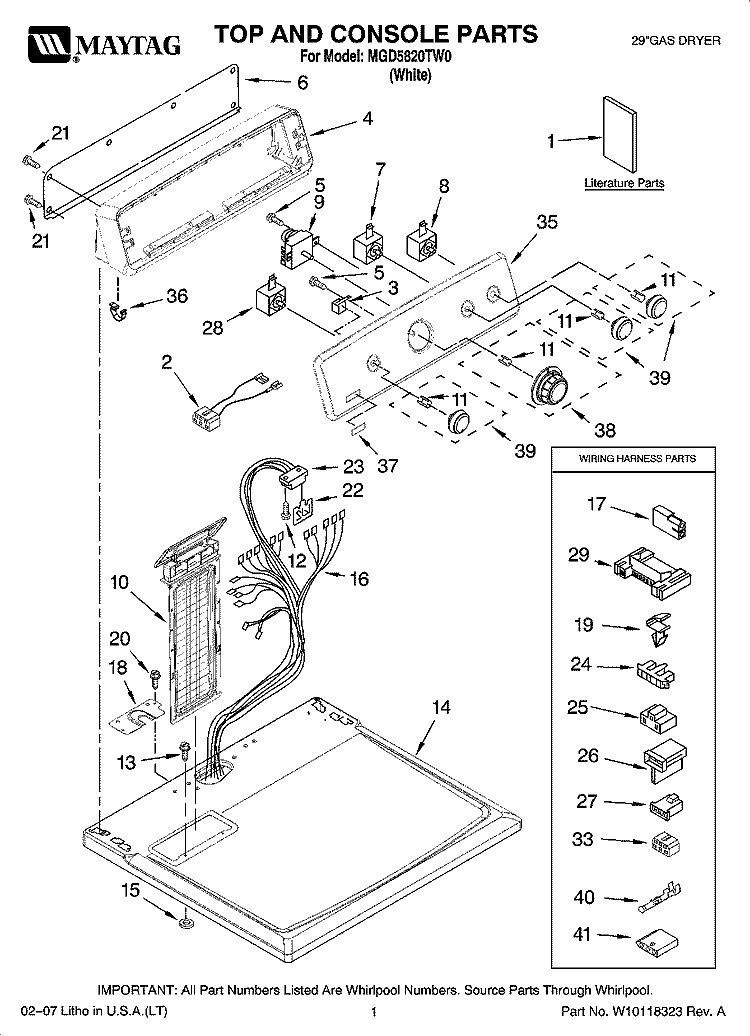 TOP AND CONSOLE PARTS Diagram and Parts List for MGD5820TW0  Maytag Dryer