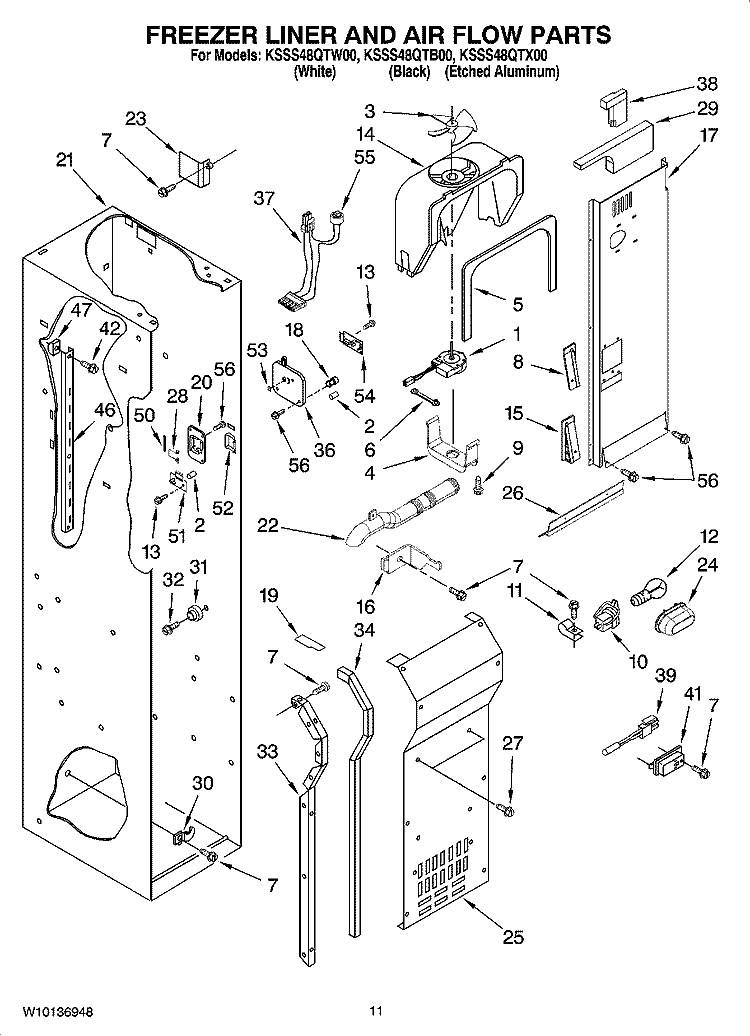 FREEZER LINER AND AIR FLOW PARTS Diagram and Parts List for KSSS48QTX00  KitchenAid Refrigerator