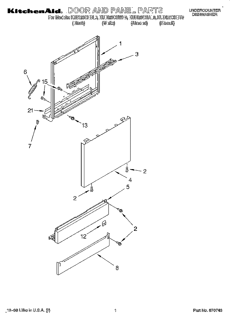 DOOR AND PANEL Diagram and Parts List for KUDI25CHBL0  KitchenAid Dishwasher