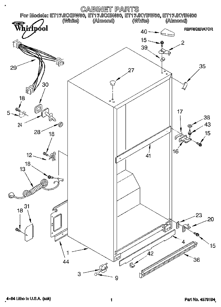 CABINET Diagram and Parts List for ET17JKYBN00  Whirlpool Refrigerator