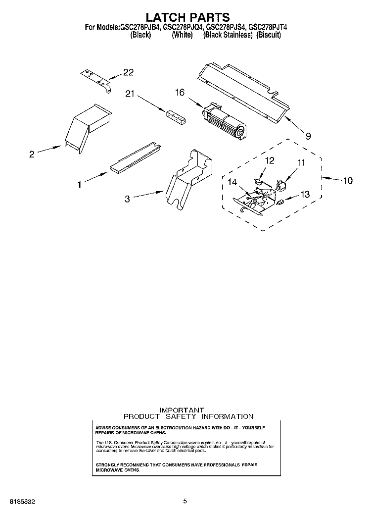 LATCH Diagram and Parts List for GSC278PJS4  Whirlpool Microwave Oven Combo