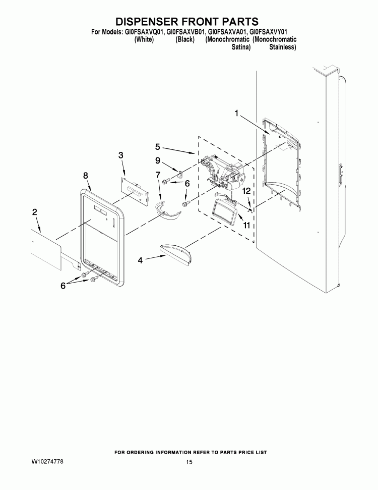 DISPENSER FRONT PARTS Diagram and Parts List for GI0FSAXVA01  Whirlpool Refrigerator