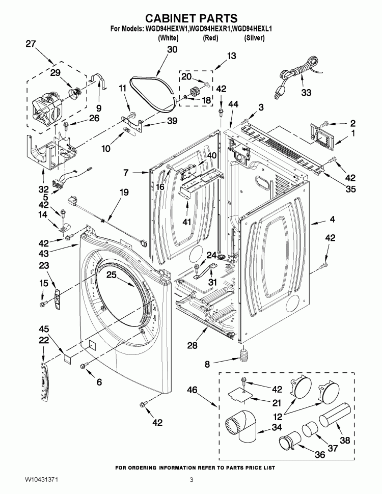 CABINET PARTS Diagram and Parts List for WGD94HEXL1  Whirlpool Dryer