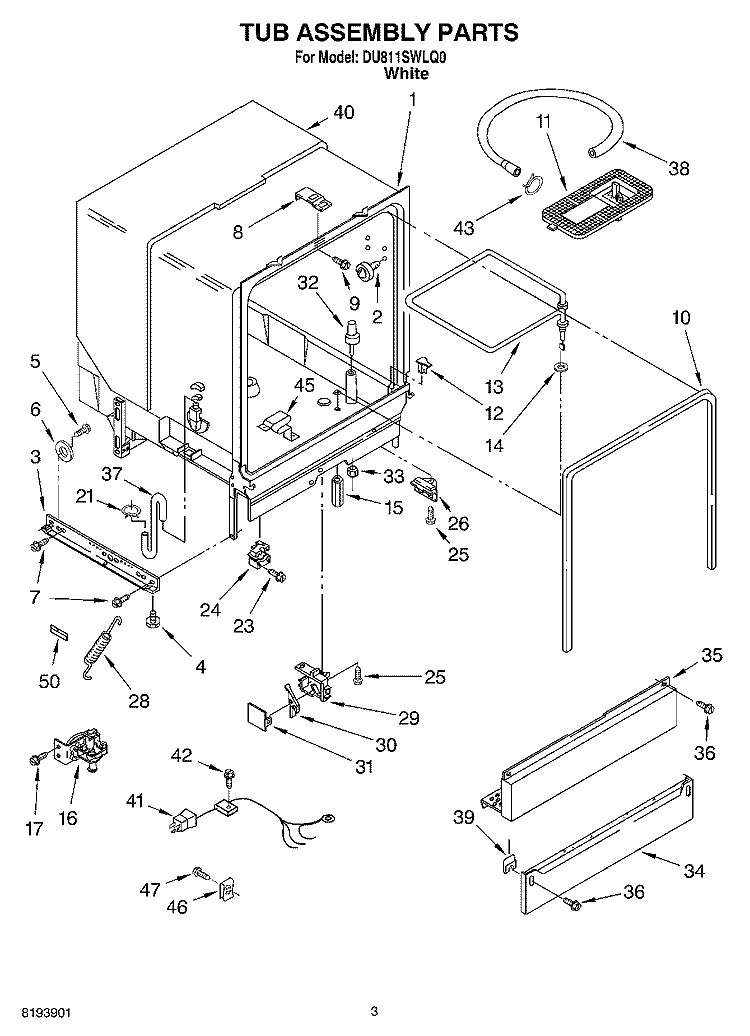 TUB ASSEMBLY PARTS Diagram and Parts List for DU811SWLQ0  Whirlpool Dishwasher