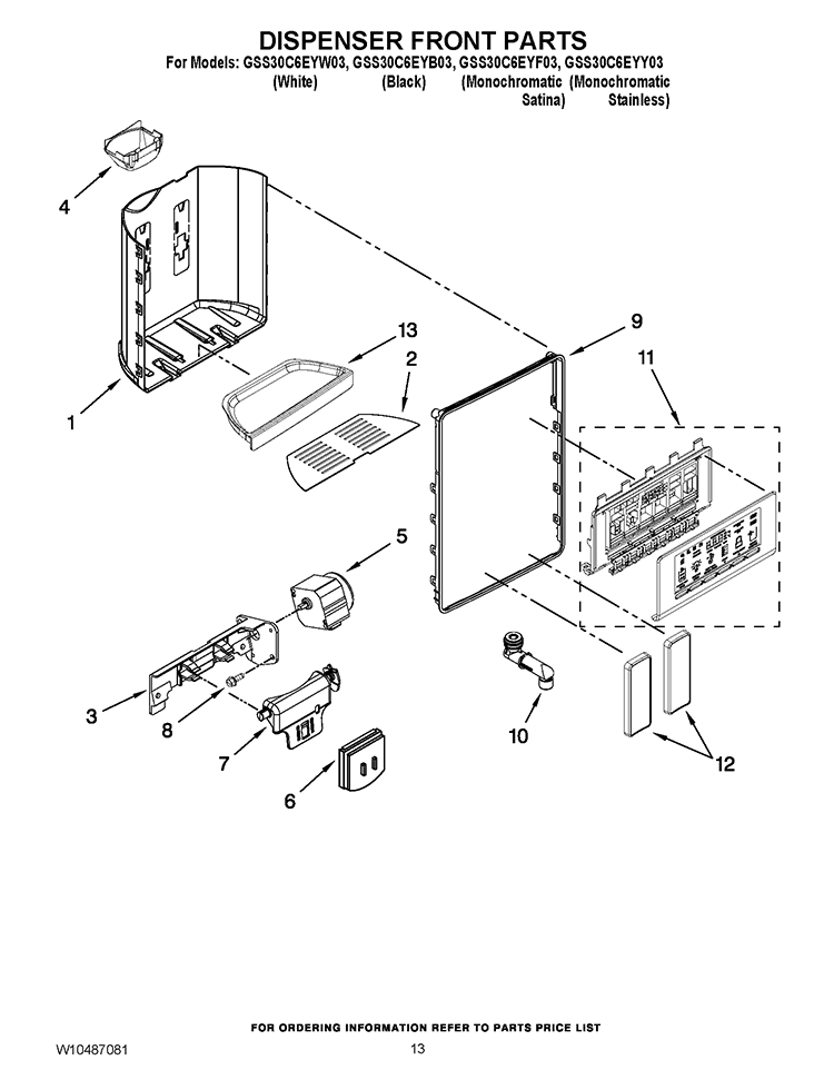 DISPENSER FRONT PARTS Diagram and Parts List for GSS30C6EYY03  Whirlpool Refrigerator