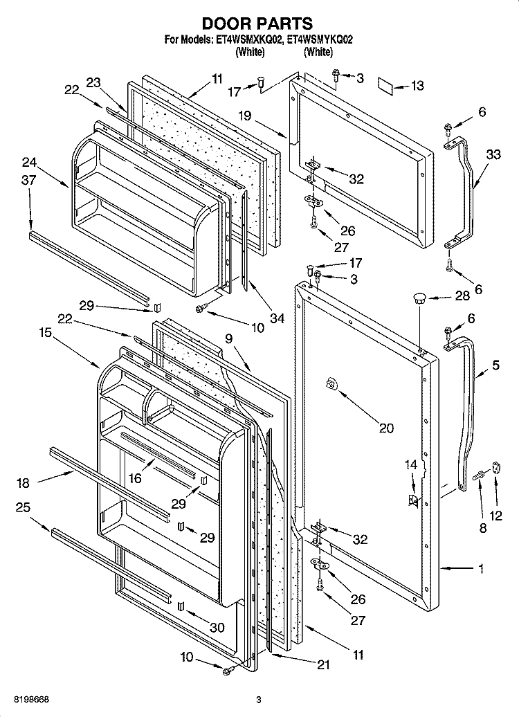 DOOR PARTS Diagram and Parts List for ET4WSMXKQ02  Whirlpool Refrigerator
