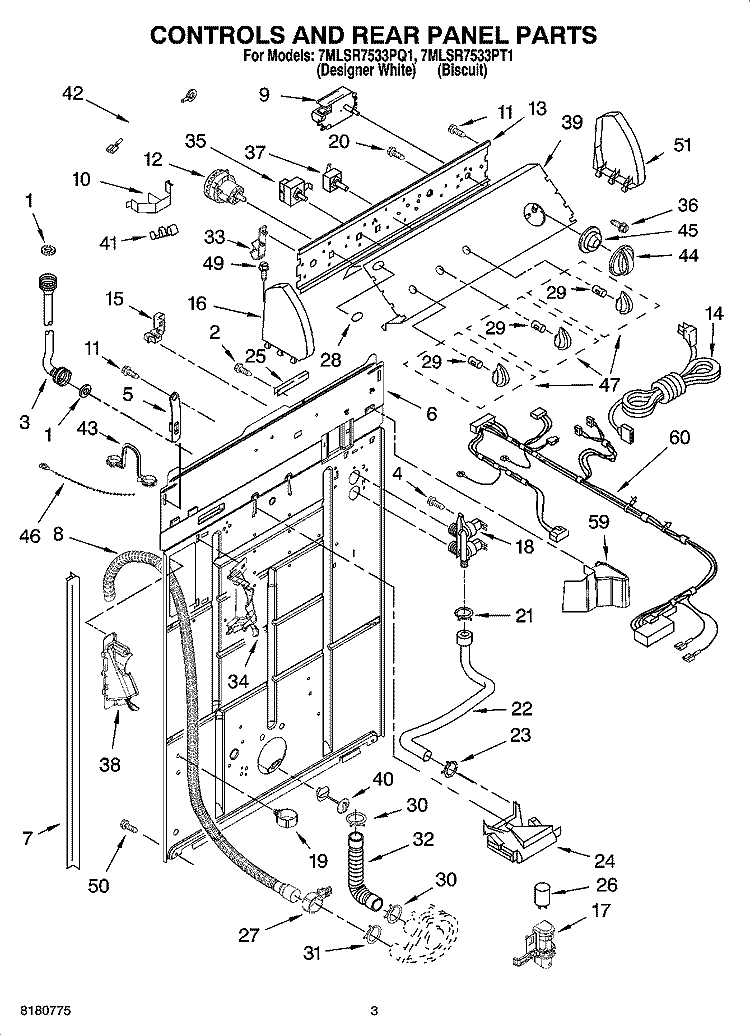 CONTROLS AND REAR PANEL PARTS Diagram and Parts List for 7MLSR7533PT1  Whirlpool Washer