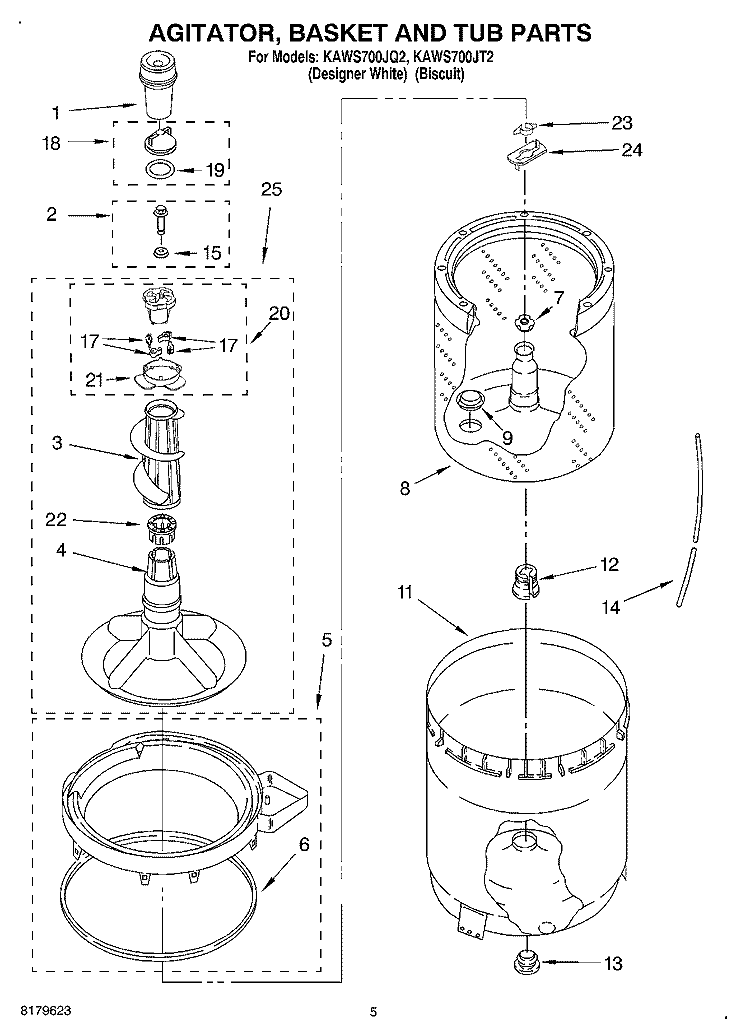 AGITATOR, BASKET AND TUB Diagram and Parts List for KAWS700JT2  KitchenAid Washer