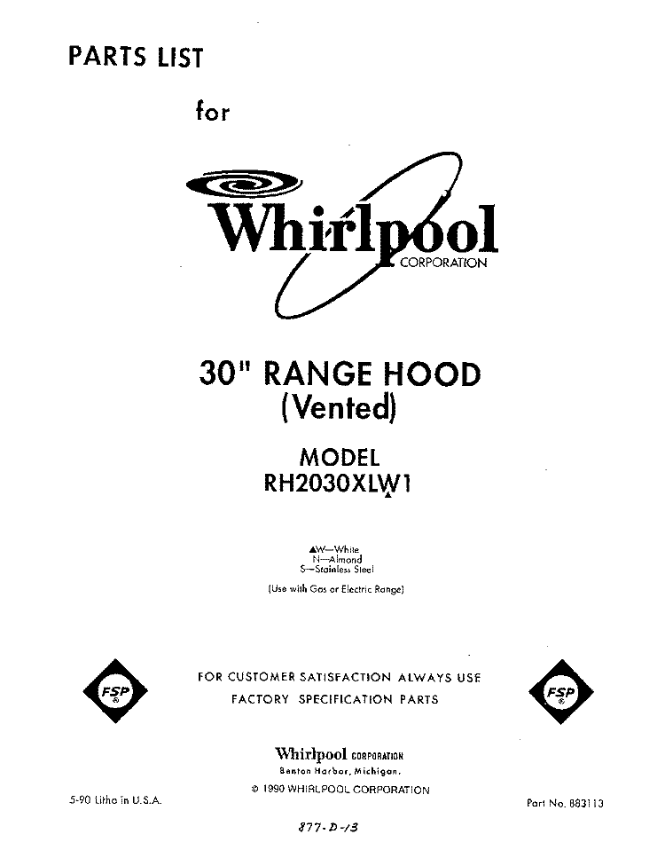 SECTION Diagram and Parts List for RH2030XLW1  Whirlpool Range Hood