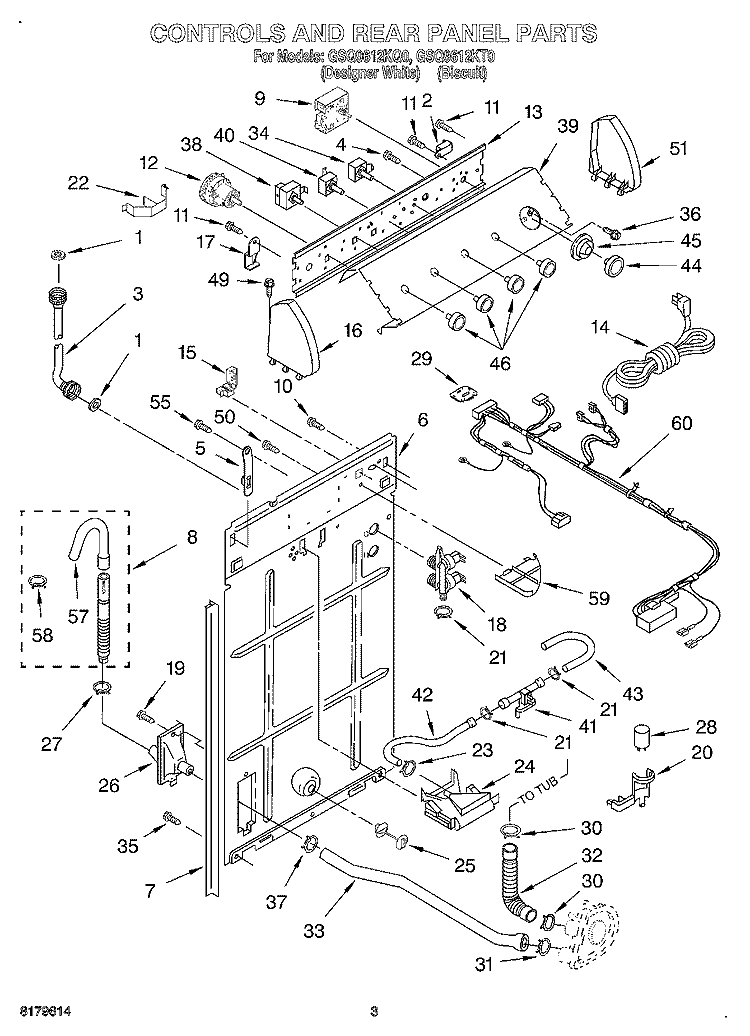 CONTROLS AND REAR PANEL Diagram and Parts List for GSQ9612KT0  Whirlpool Washer