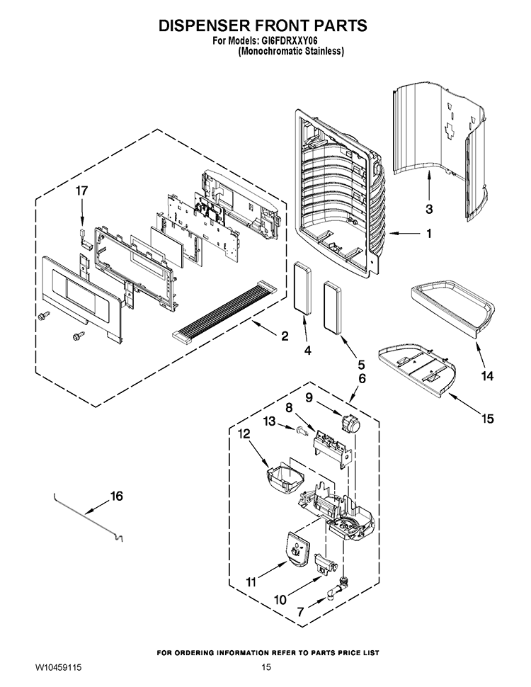 DISPENSER FRONT PARTS Diagram and Parts List for GI6FDRXXY06  Whirlpool Refrigerator