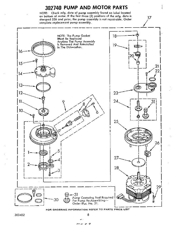 302740 PUMP AND MOTOR Diagram and Parts List for GDU3024XLW0  Whirlpool Dishwasher