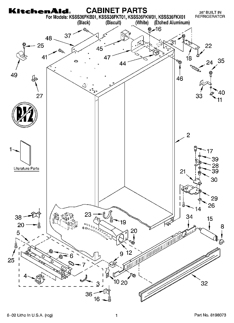 CABINET, LITERATURE Diagram and Parts List for KSSS36FKX01  KitchenAid Refrigerator