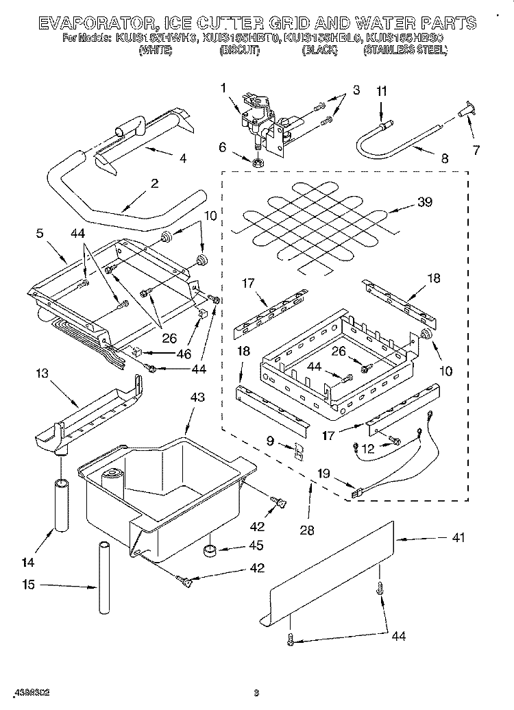 EVAPORATOR, ICE CUTTER GRID AND WATER Diagram and Parts List for KUIS155HBT0  KitchenAid Ice Maker