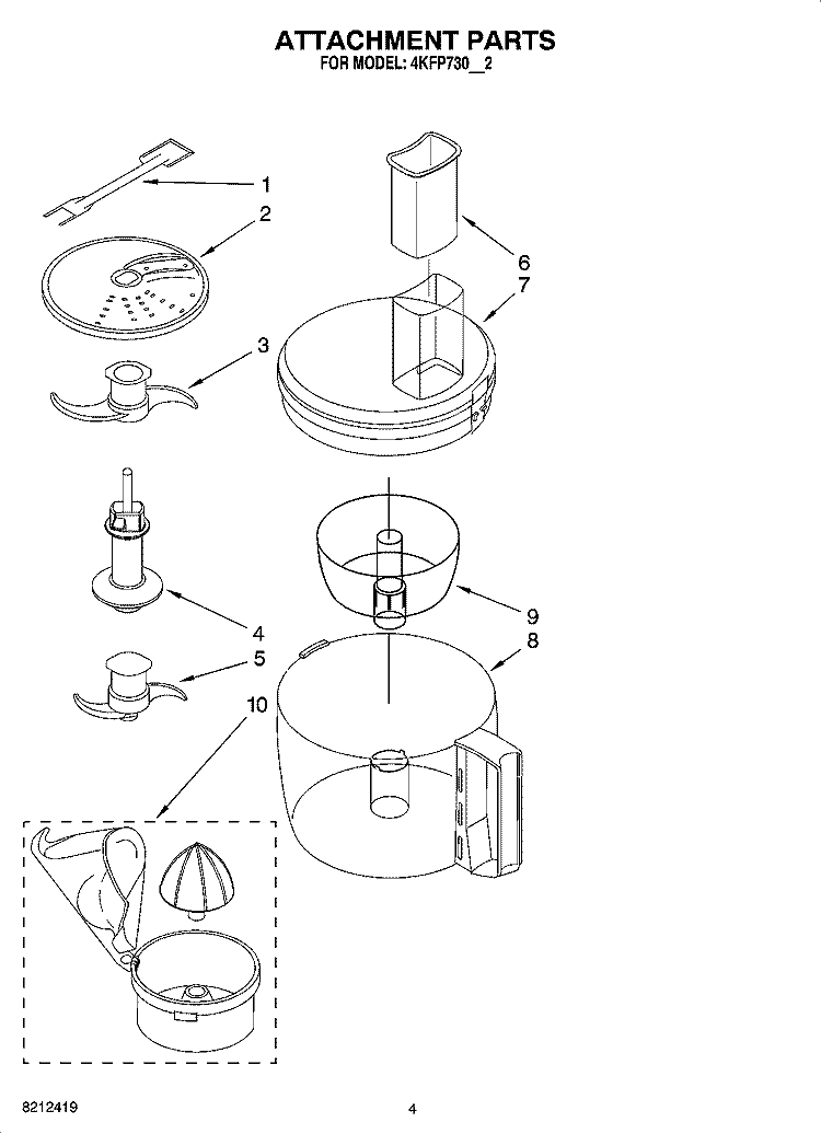 ATTACHMENT PARTS Diagram and Parts List for 4KFP730WH2  KitchenAid Food Processor