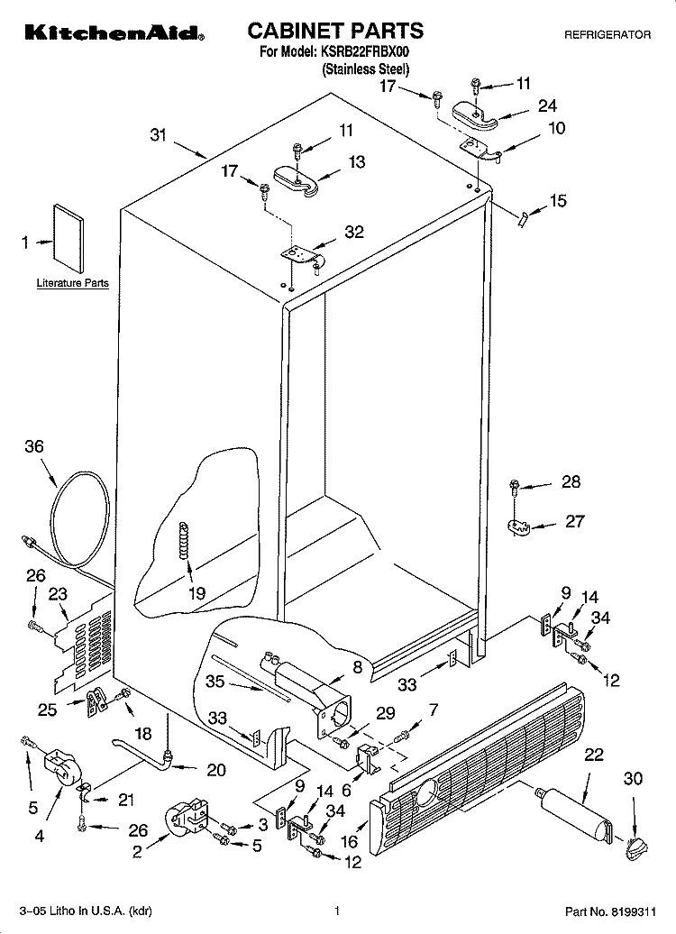 CABINET PARTS Diagram and Parts List for KSRB22FRBX00  KitchenAid Refrigerator