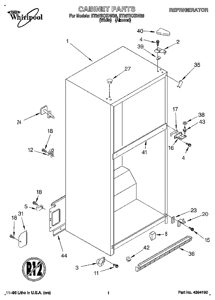 CABINET Diagram and Parts List for ET20TKXDN03  Whirlpool Refrigerator