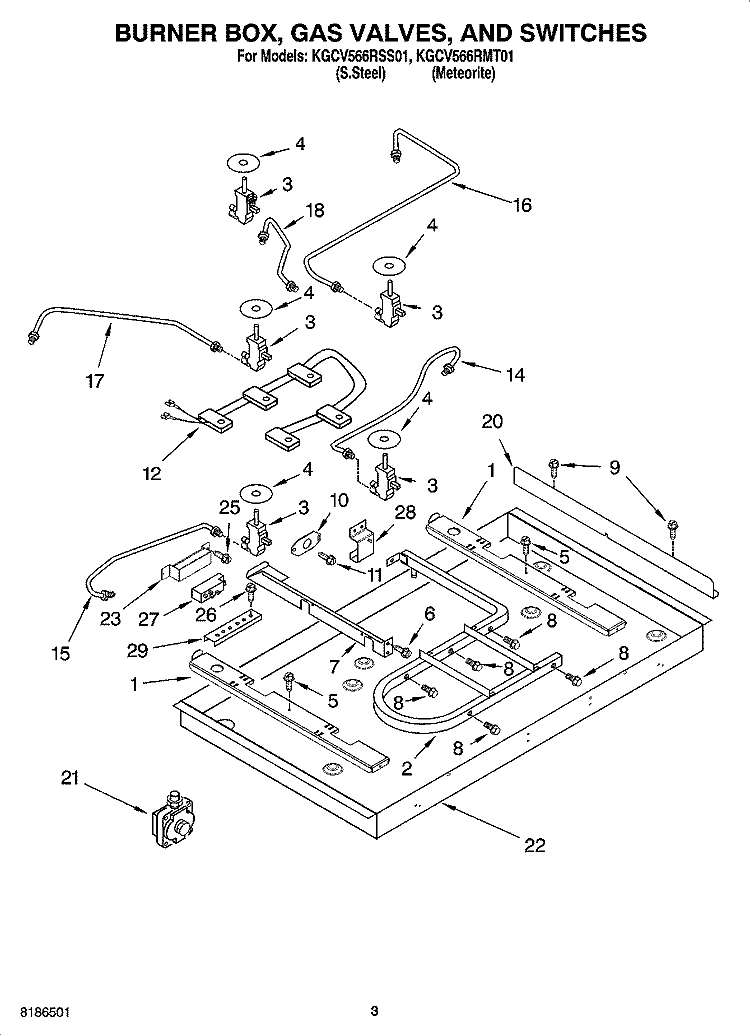 BURNER BOX, GAS VALVES, AND SWITCHES, OPTIONAL PARTS Diagram and Parts List for KGCV566RMT01  KitchenAid Cooktop
