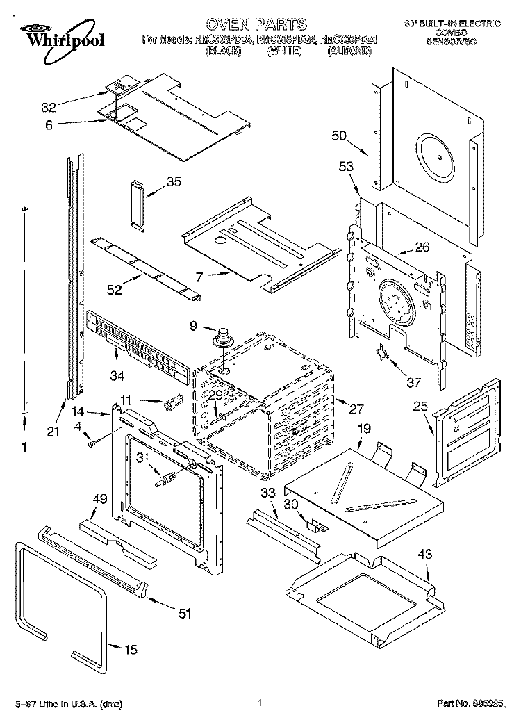 OVEN Diagram and Parts List for RMC305PDQ4  Whirlpool Microwave Oven Combo