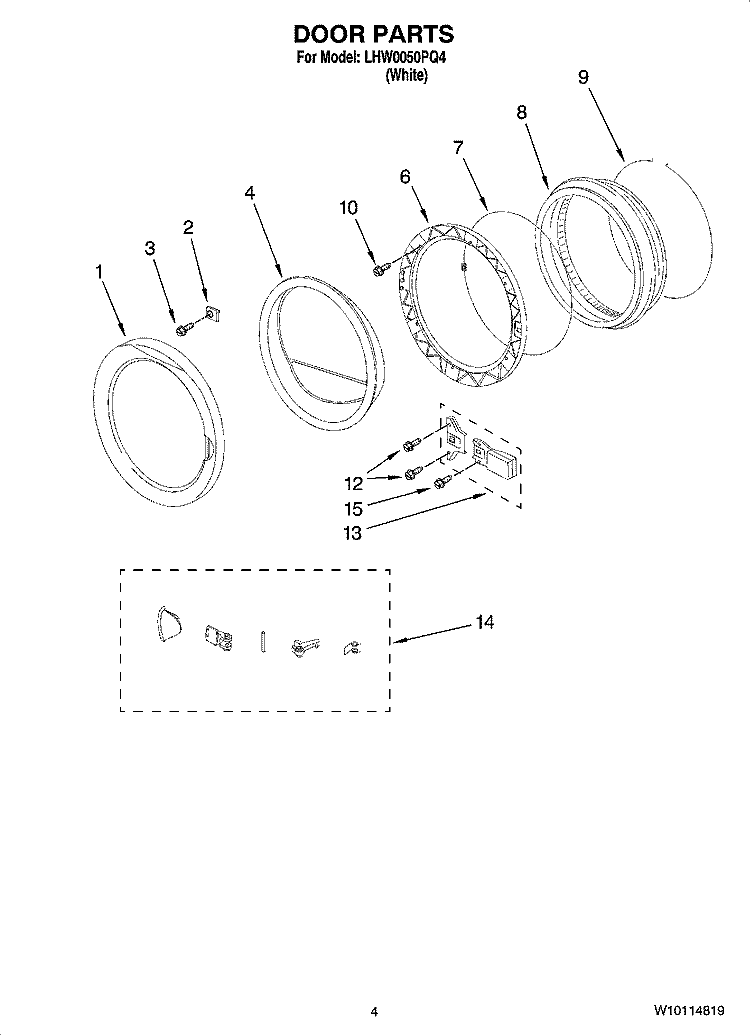 DOOR PARTS Diagram and Parts List for LHW0050PQ4  Whirlpool Washer