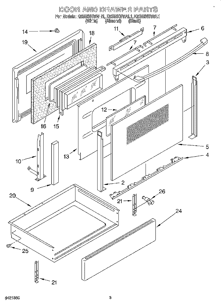 DOOR AND DRAWER Diagram and Parts List for KESH307BBL1  KitchenAid Range