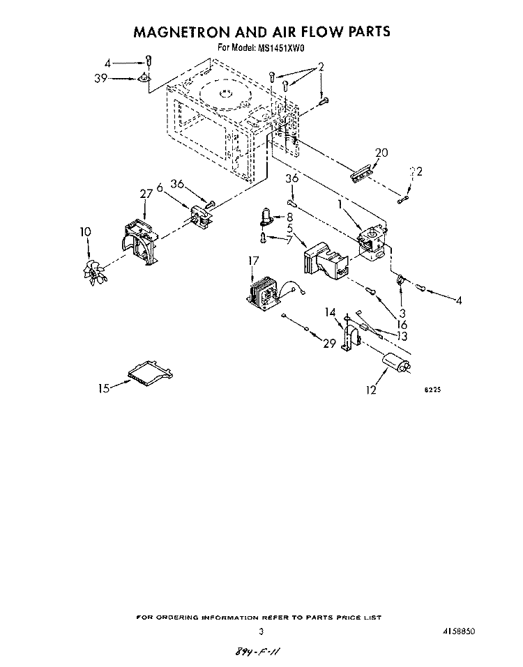 MAGNETRON AND AIR FLOW Diagram and Parts List for MS1451XW0  Whirlpool Wall Oven