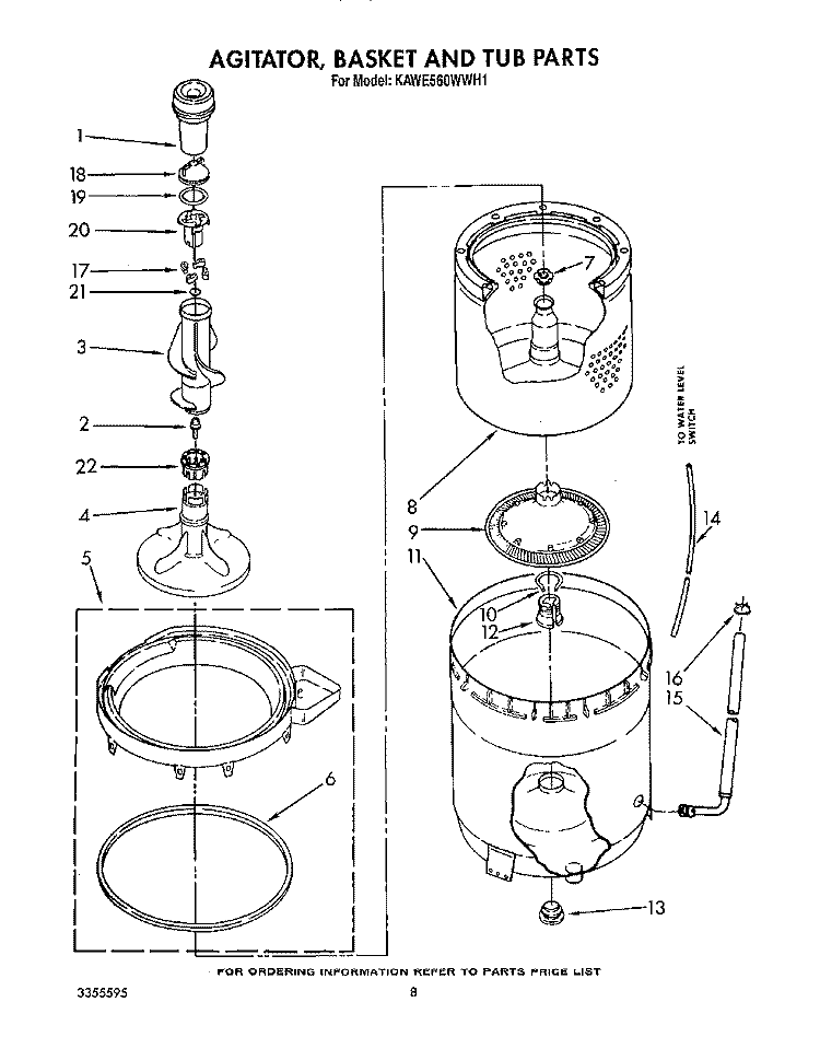 AGITATOR, BASKET AND TUB Diagram and Parts List for KAWE560WAL1  Whirlpool Washer