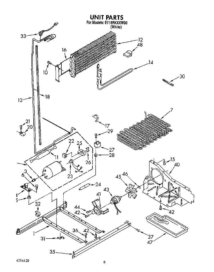 UNIT Diagram and Parts List for ET18RKXXW00  Whirlpool Refrigerator