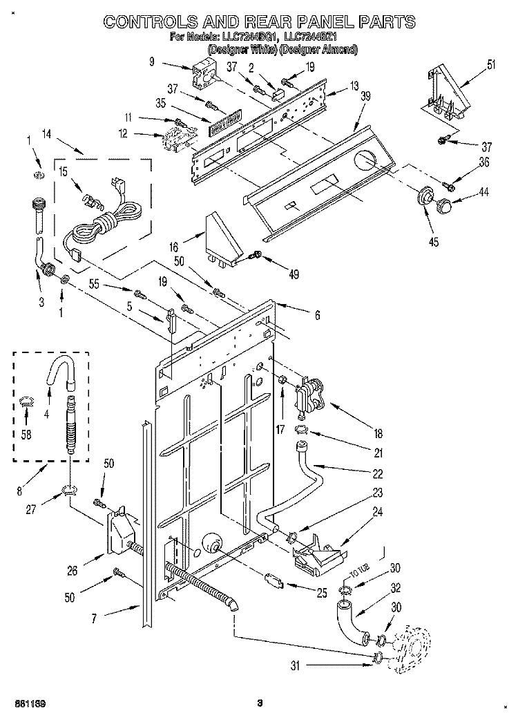 CONTROLS AND REAR PANEL Diagram and Parts List for LLC7244BQ1  Whirlpool Washer