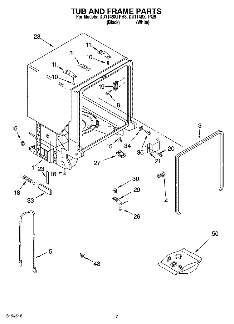 TUB AND FRAME PARTS Diagram and Parts List for DU1148XTPQ8  Whirlpool Dishwasher