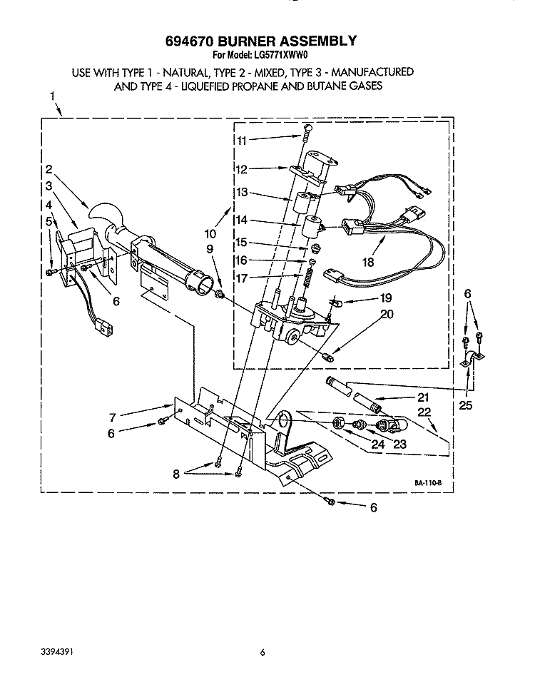 694670 BURNER Diagram and Parts List for LG5771XWN0  Whirlpool Dryer