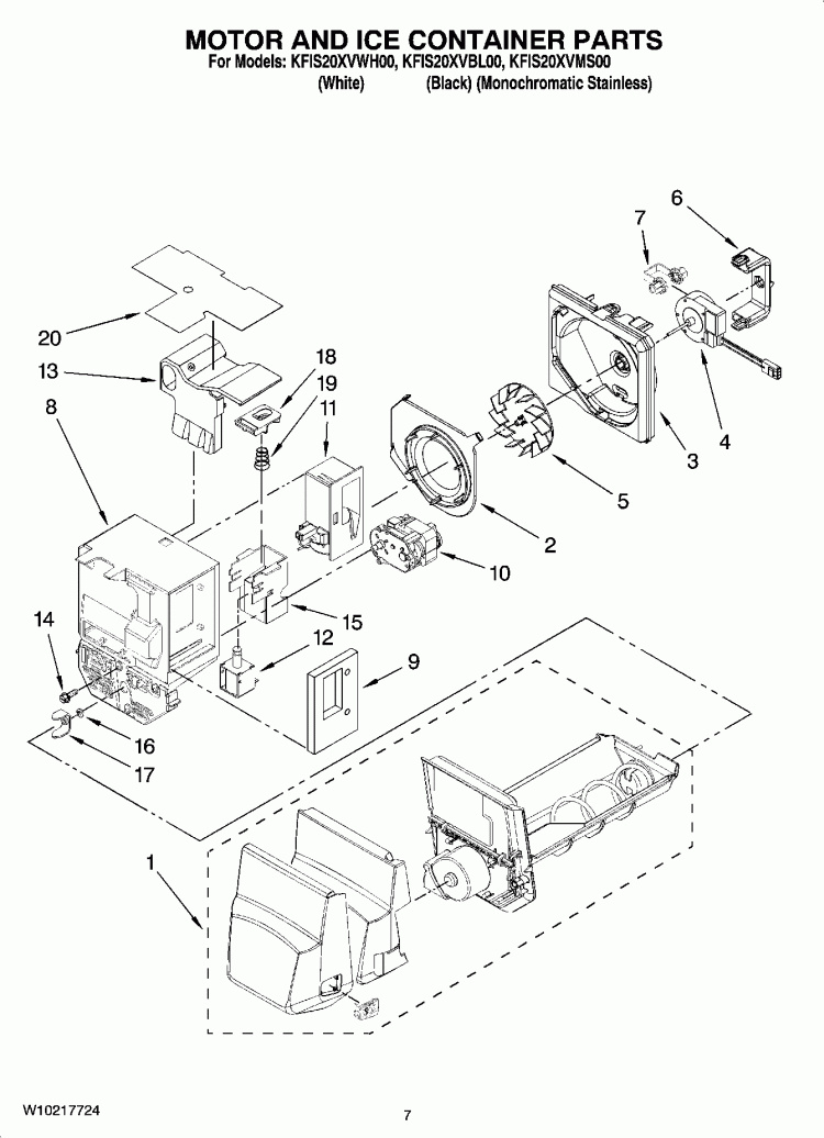 MOTOR AND ICE CONTAINER PARTS Diagram and Parts List for KFIS20XVWH00  KitchenAid Refrigerator