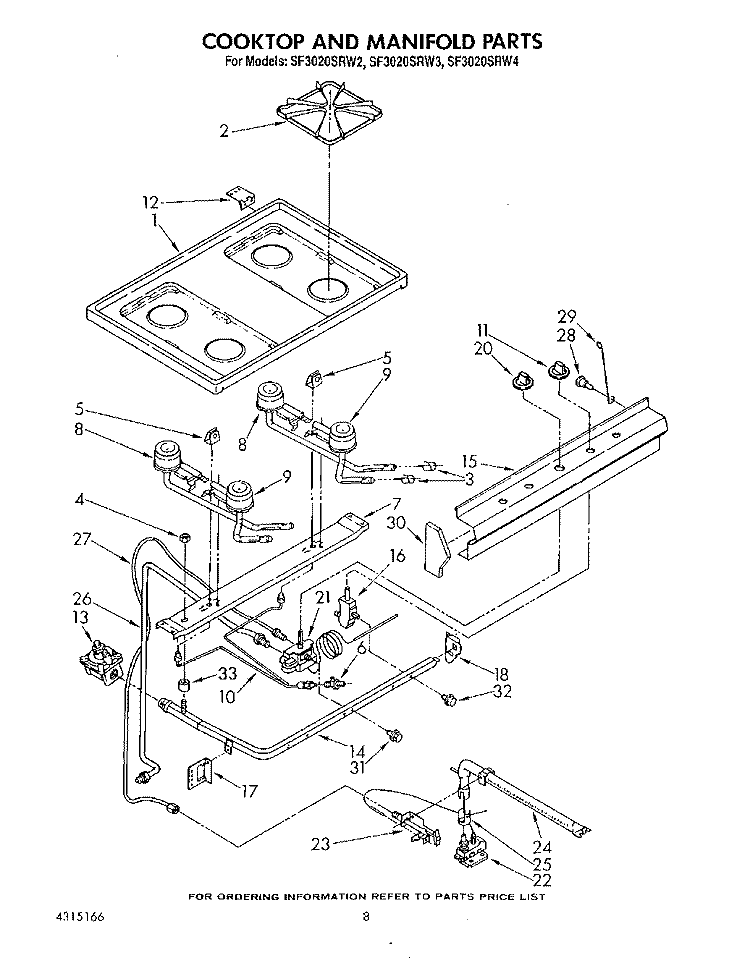 COOK TOP AND MANIFOLD , LITERATURE Diagram and Parts List for SF3020SRW3  Whirlpool Range