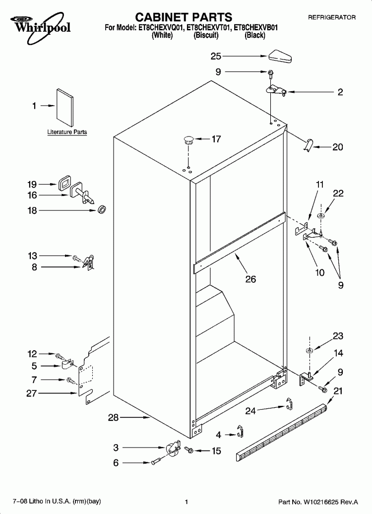 CABINET PARTS Diagram and Parts List for ET8CHEXVB01  Whirlpool Refrigerator