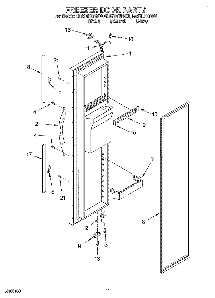 FREEZER DOOR Diagram and Parts List for GD27DFXFB00  Whirlpool Refrigerator