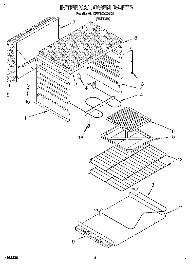 INTERNAL OVEN Diagram and Parts List for RF0100XRW8  Whirlpool Range