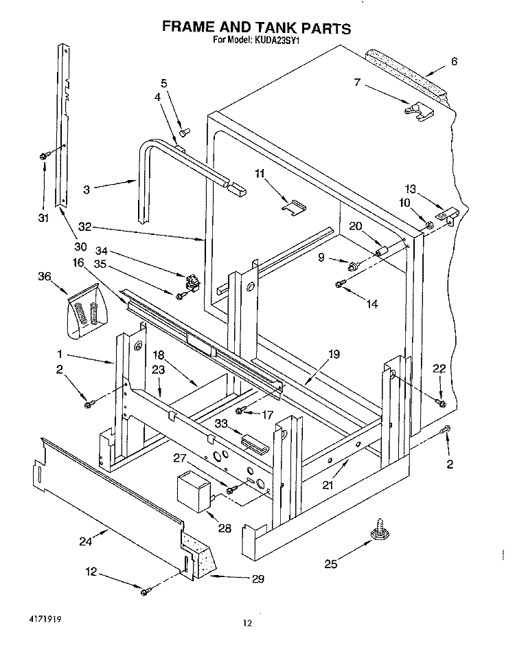 FRAME AND TANK Diagram and Parts List for KUDA23SY1  KitchenAid Dishwasher