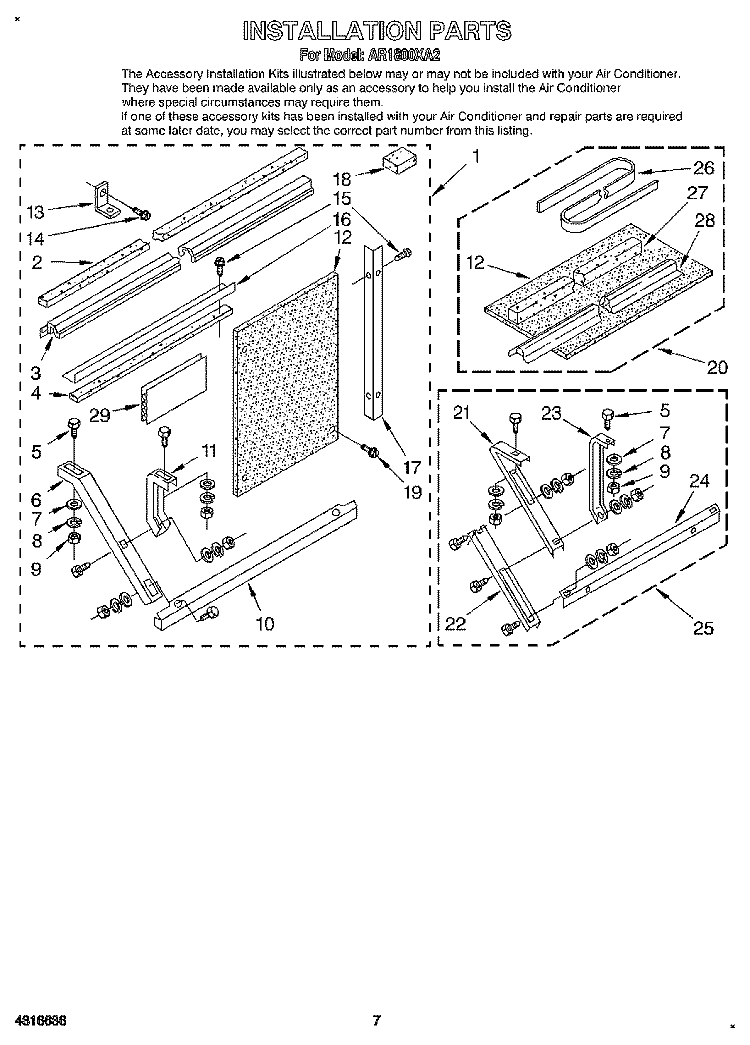INSTALLATION Diagram and Parts List for AR1800XA2  Whirlpool Air Conditioner