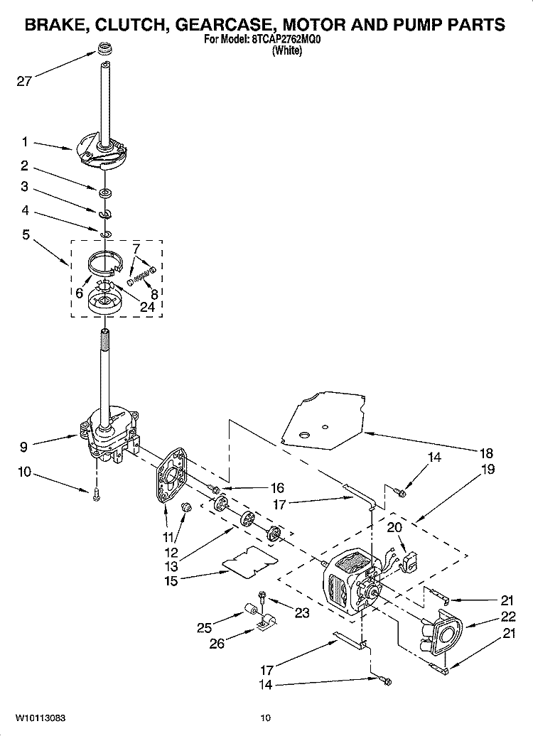 BRAKE, CLUTCH, GEARCASE, MOTOR AND PUMP PARTS Diagram and Parts List for 8TCAP2762MQ0  Whirlpool Washer